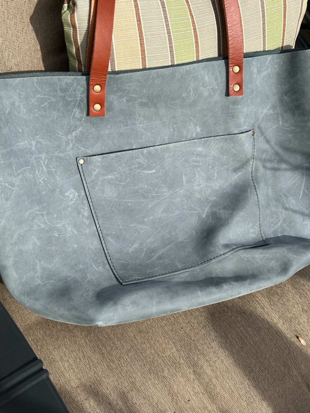 PORTLAND LEATHER LARGE SIZE SLATE BLUE GRAY TOTE BAG SHOULDER PURSE - Picture 12 of 13